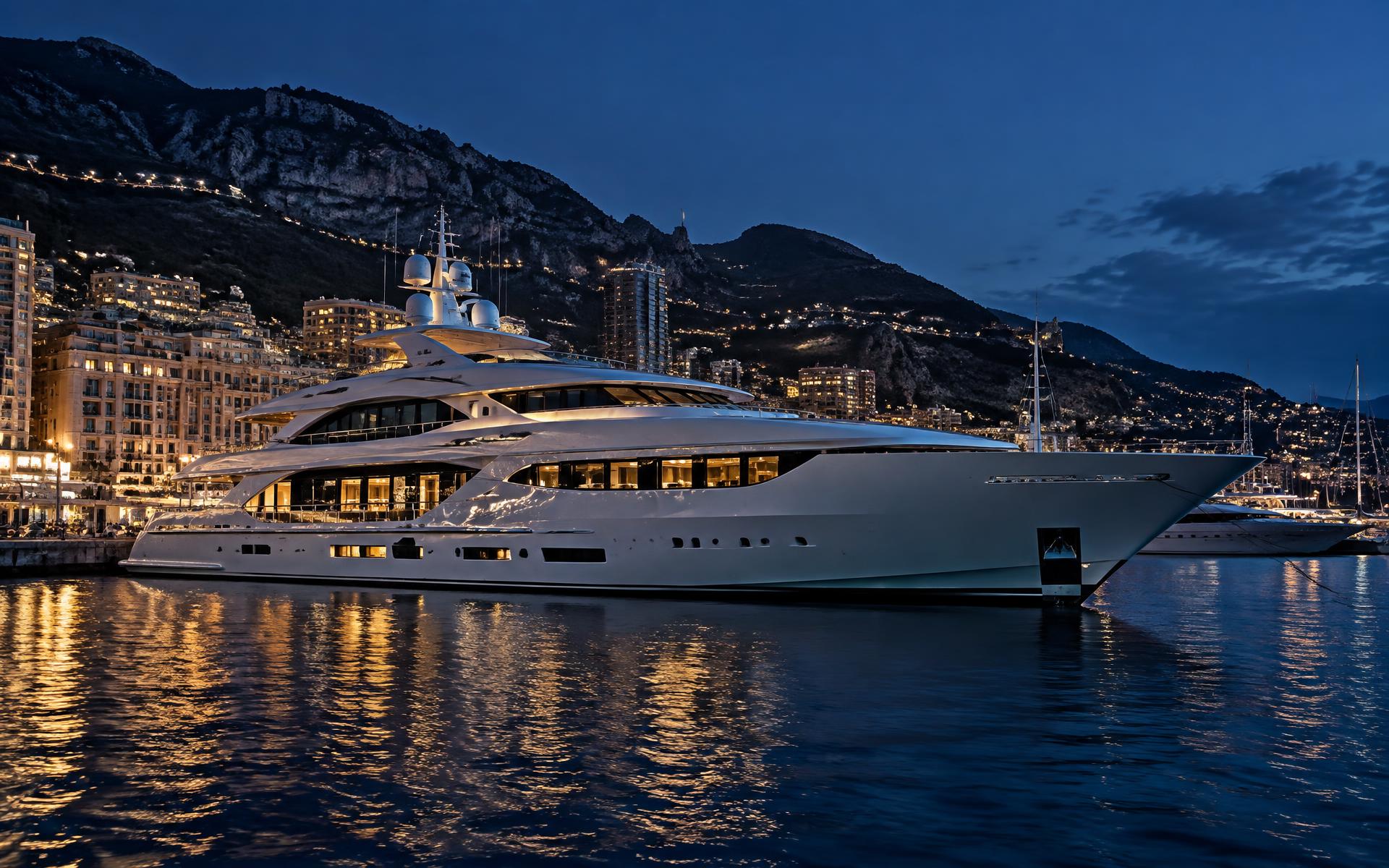 Superyacht berthed in a Mediterranean harbour at dusk